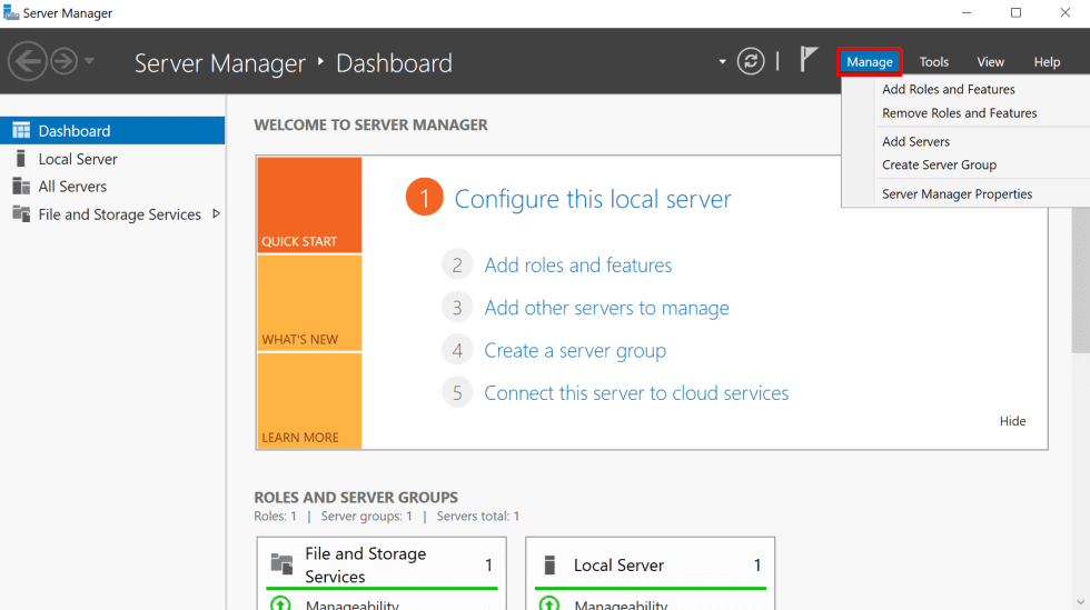 Click on the manage button 980x549 1 نحوه حذف نقش‌ها و ویژگی‌ها در Windows Server 2022 فروردین 1405 5
